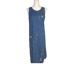 Vintage Denim Dress with Needlepoint Embroidery Maxi Teachercore